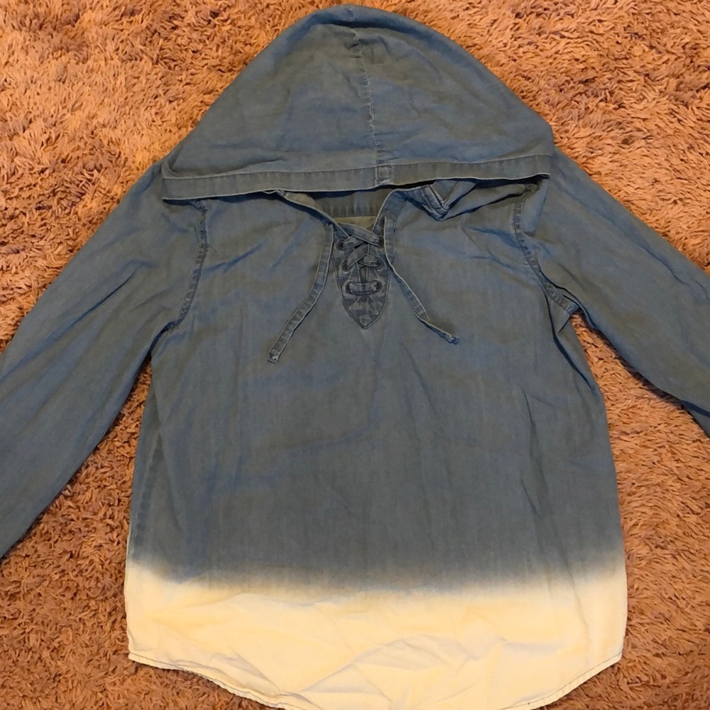 Hooded blue and white long sleeve shirt